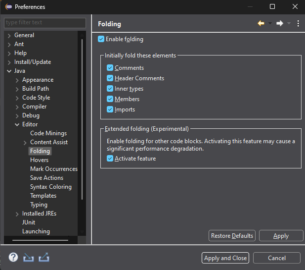 Settings view of the folding